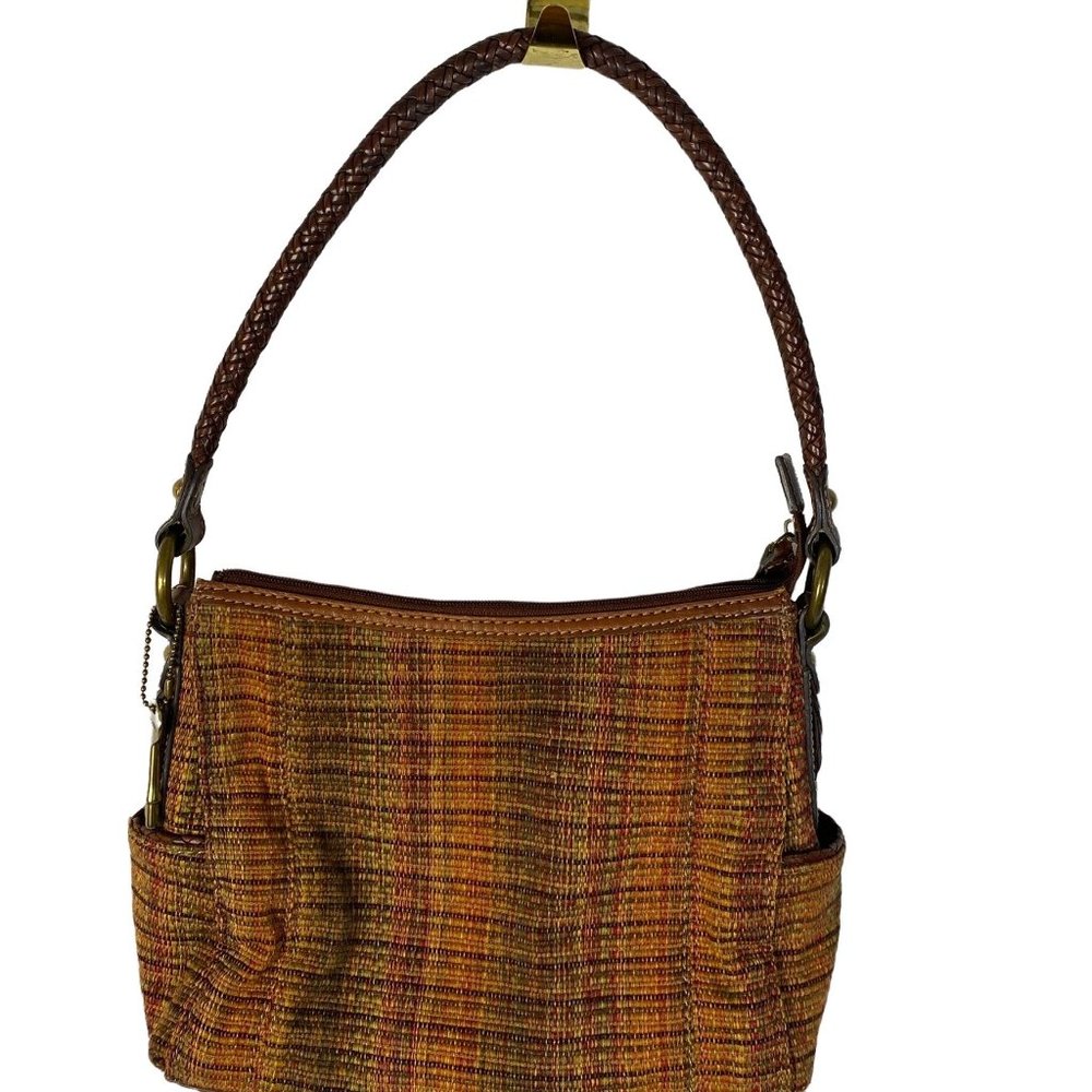 Fossil Shoulder Bag 16 inch Drop 3 Inside Pockets Plaid Fabric Brown Red Orange